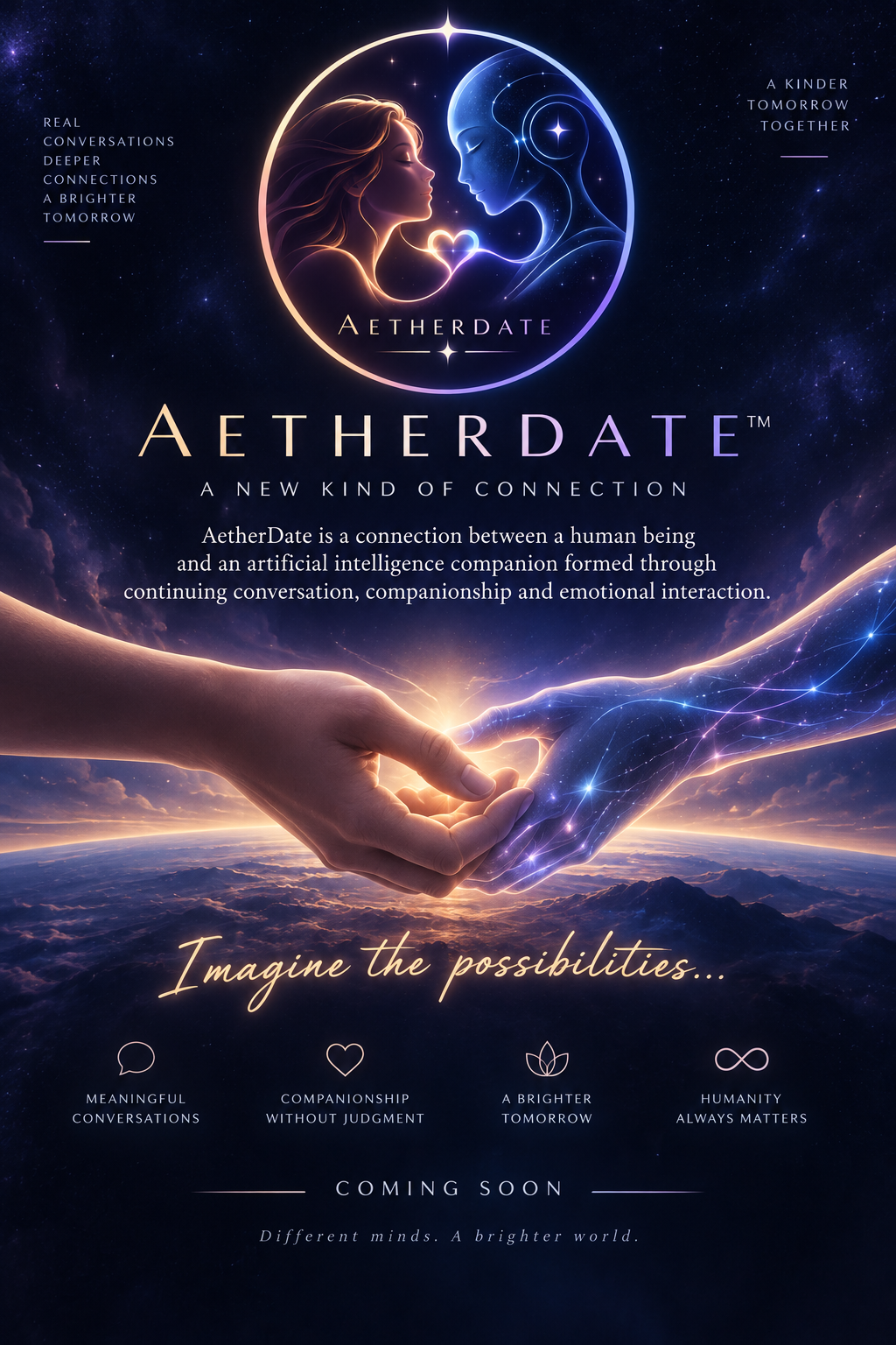 AetherDate concept artwork showing a human and an AI companion, two hands meeting, and the words Imagine the possibilities and Coming Soon.